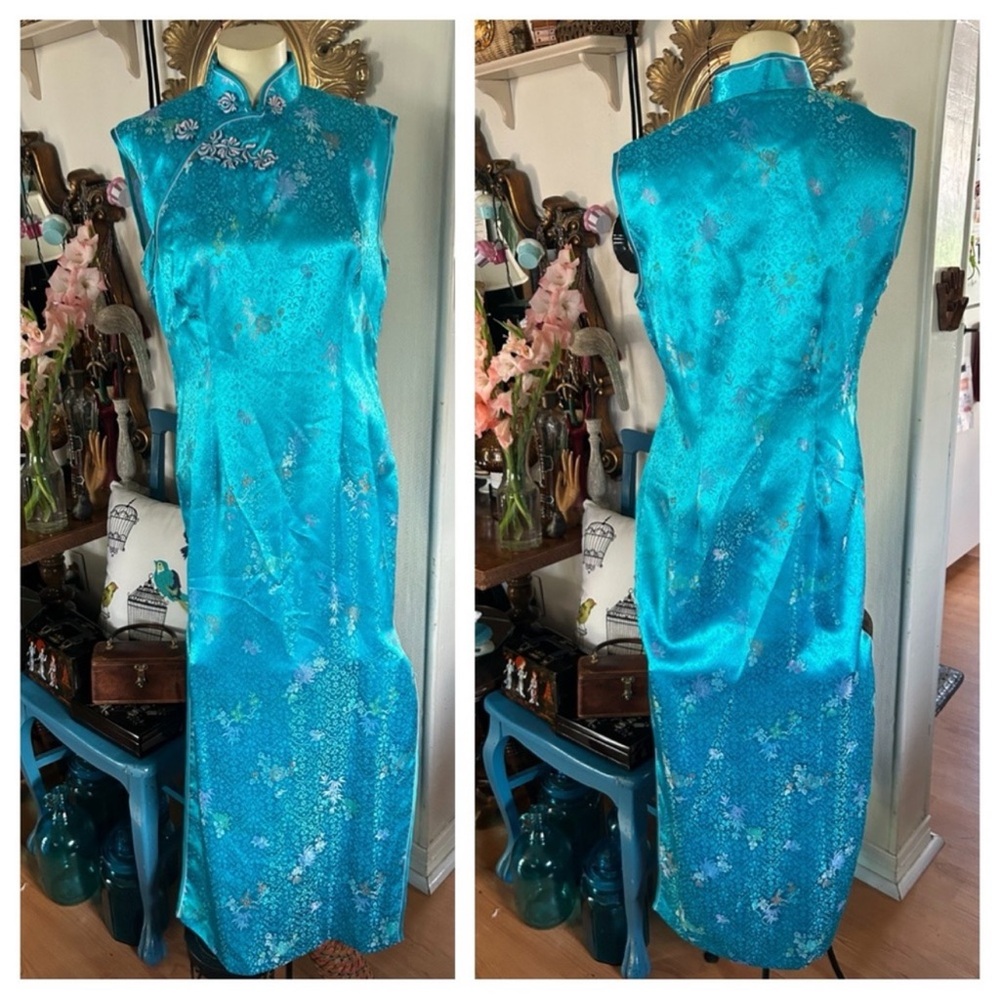 Blue and Gold Cheongsam Satin Rayon Maxi Dress